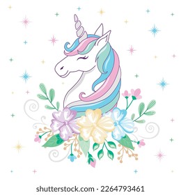 Cute Colorful Unicorn with flowers  and Stars- Unicorn vector illustration