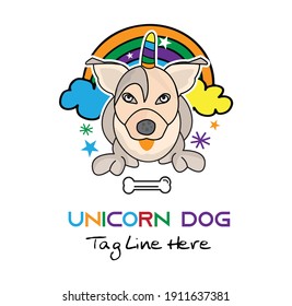Cute and colorful unicorn looking dog with rainbow behind logo vector illustration with dummy text on white background.
