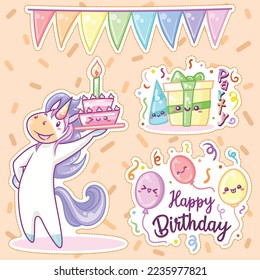 Cute colorful unicorn with presents ballons and pennants birthday party stickers