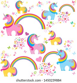 Cute colorful unicorn, rainbow, heart, note and colorful stars seamless pattern background in kawaii style.  Good for textiles, fabrics, bedding, wrapping paper, scrapbooking, etc. vector illustration