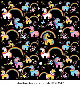 Cute colorful unicorn, rainbow and colorful stars seamless pattern background in kawaii style.  Good for textiles, fabrics, bedding, wrapping paper, scrapbooking, etc. vector illustration