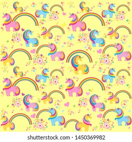 Cute colorful unicorn, rainbow and colorful stars seamless pattern background in kawaii style.  Good for textiles, fabrics, bedding, wrapping paper, scrapbooking, etc. vector illustration