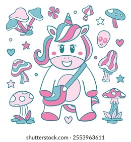 Cute Colorful Unicorn with Sling Bag and Mushrooms