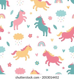 Cute colorful unicorns, rainbow, flower, cloud, rain. Seamless bright pattern. Vector children's illustration
