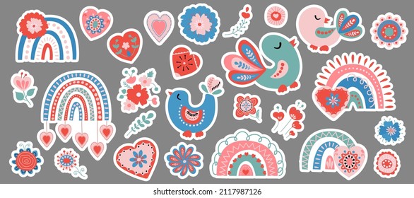 Cute colorful Valentine's Day sticker set. Drawn style. Vector.