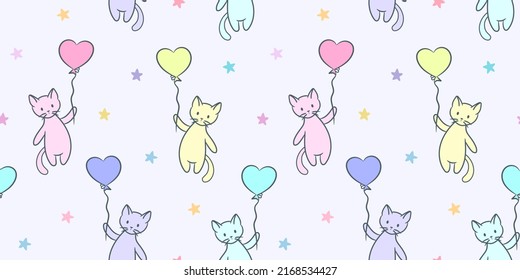 Cute colorful vector background with cartoon cats holding on to balloons, seamless pattern