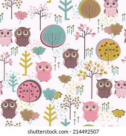 Cute colorful vector background with owls and trees. Seamless pattern for web-design, textile, graphic design. 