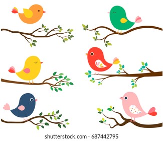 Cute and colorful vector birds in flat style on curvy spring or summer tree branches with green leaves on white background