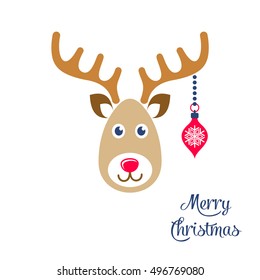 Cute Colorful Vector Cartoon Reindeer Face Christmas Icon