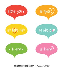 Cute colorful vector cartoon speech bubbles with words I love you in different languages.