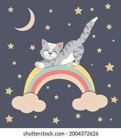 Cuto vector colorido de un gato sobre un arco iris. Ilustración para la decoración de guarderías, espacios infantiles.