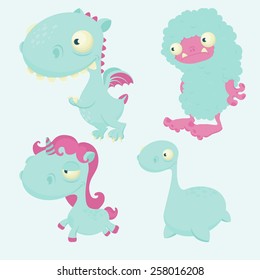 cute colorful vector creatures: dragon, yeti, unicorn and nessie