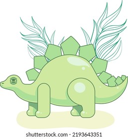 Cute Colorful Vector with cute dinosaur Hand drawn with tree leaves. stegosaurus cute cartoon dinosaur. green dinosaur