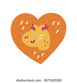 Cute colorful vector doodle with dinosaur. Hand drawn dinosaur with heart. Vector template for card, postcard, banner, poster, sticker and social media