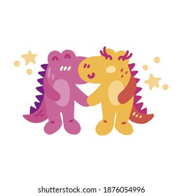 Cute colorful vector doodle with dinosaurs in love. Hand drawn dinosaurs with stars. Vector template for card, postcard, banner, poster, sticker and social media