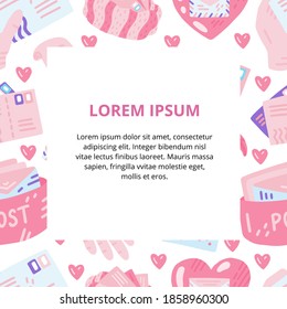 Cuidado marco de doodle vectorial colorido con texto para correo, correo postal e invitaciones. Corazón, sobre, carta, mano. Plantilla vectorial para tarjeta, postal, bloc de notas, banner, afiche, invitación y medios sociales