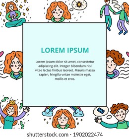 Cute colorful vector doodle frame with text for mail, postage and invitations. Happy girls and boys. Vector template for card, postcard, memo pad, banner, poster, invitation and social media