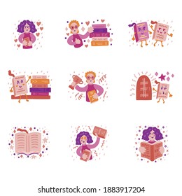 Cute colorful vector doodle set icons for book lovers and readers. Books, man, woman, magic. Vector template for card, postcard, banner, poster, sticker and social media