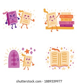 Cute colorful vector doodle set icons for book lovers and readers. Books, friends and magic. Vector template for card, postcard, banner, poster, sticker and social media