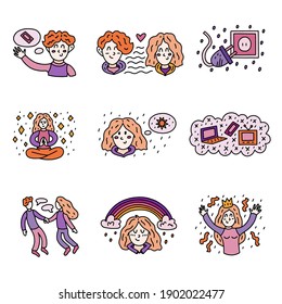 Cute colorful vector doodle set icons with people happy without devices. Vector template for card, postcard, banner, poster, sticker and social media