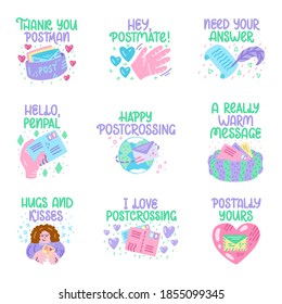 Cuidados doodles vectoriales coloridos con letras para el correo, el correo postal y el post-travesía. Mujer, cartas, sobre, corazones, post. Plantilla vectorial para tarjeta, postal, banner, afiche, pegatina y medios sociales