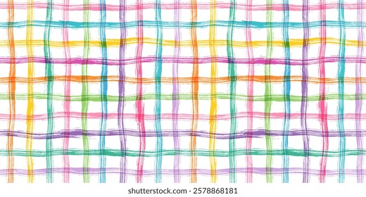 Cute colorful vector hand drawn summer plaid check seamless vector pattern with thick wavy crossing lines, grunge painted brush grid background