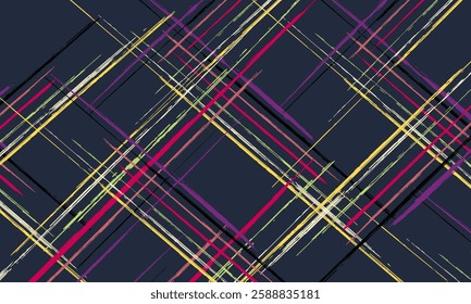 Cute colorful vector hand drawn summer plaid check seamless vector pattern with thick wavy crossing lines, grunge painted brush grid background