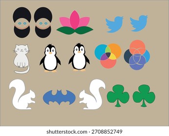 Lindo y colorido conjunto de íconos de Vector con animales, Elementos de la naturaleza y modernas Formas abstractas, perfecto para logotipos, pegatinas, diseños infantiles y marcas creativas ".
