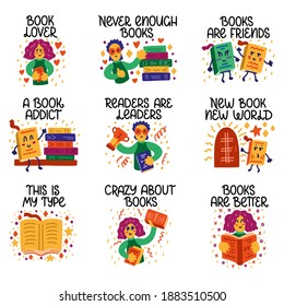 Cute colorful vector icons set with lettering for book lovers and readers. Books, man, woman, magic. Vector template for card, postcard, banner, poster, sticker and social media