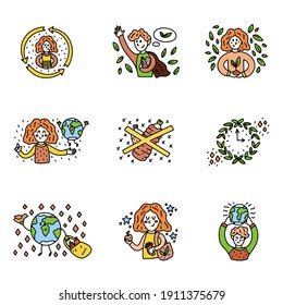 Cute colorful vector icons set of woman and man. Zero waste culture. Green life. Vector template for card, postcard, banner, poster, sticker and social media