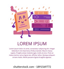 Cute colorful vector illustration with book shelf and books with text. Vector template for bookstore and library. Vector template for card, banner, poster and social media