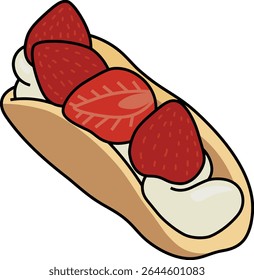 Cute and colorful vector illustration of a dessert taco made with a soft pancake shell filled with whipped cream and topped with fresh, juicy strawberries.