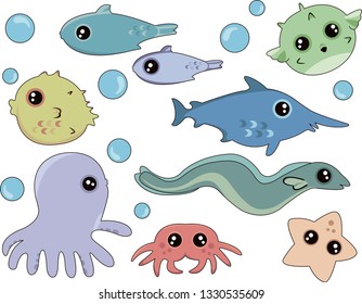 Cute colorful vector illustration of different fish and other ocean animals.