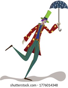 Cute and colorful vector illustration of an eccentric man wearing a top hat and holding an umbrella.