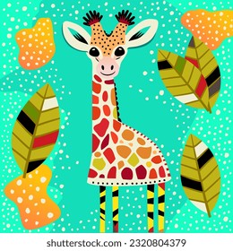 A cute and colorful vector illustration of a jungle giraffe in the wild created in a whimsical style.
