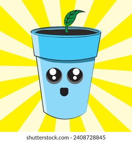 Cute and colorful vector illustration in kawaii style. A blue flowerpot with clay and a growing young plant. A leaf on a stem growing out of a flowerpot. Cute kawaii plant leaf. Comic book background
