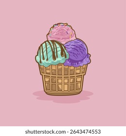 A cute and colorful vector illustration of a waffle cone filled with three scoops of ice cream in pastel colors, topped with chocolate syrup and sprinkles. Perfect for summer, kids, and sweet-themed