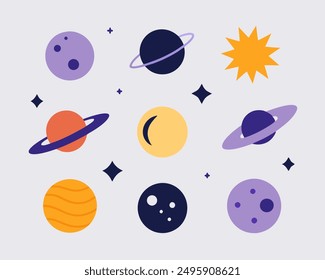 Lindas y coloridas Ilustraciones vectoriales de planetas, lunas, estrellas y cometas. Perfecto para añadir un toque de espacio a sus proyectos.  ¡Descarga y disfruta!