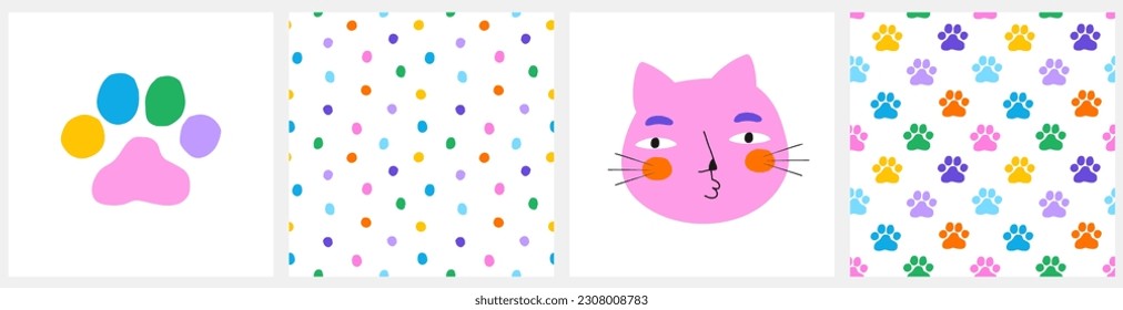 Cute Colorful Vector Illustrations and Seamless Patterns with Cat, Paws and Polka Dots. Abstract Doodle Print. Childish Drawing with Pink Kitty, Rainbow Colors Paw.Irregular Dotted Endless Print. RGB.