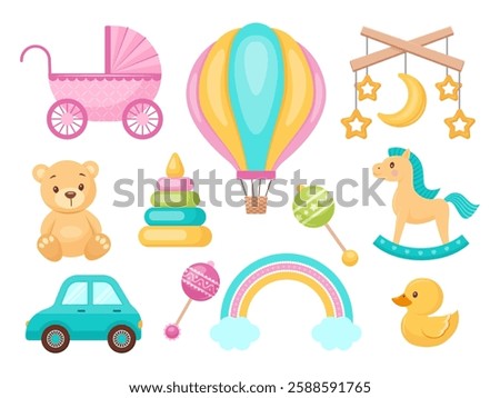 Cute and colorful vector illustrations of various baby items, including a stroller, hot air balloon, mobile, teddy bear, pyramid toy, rocking horse, rattle, rainbow, duck, and car. Vector illustration