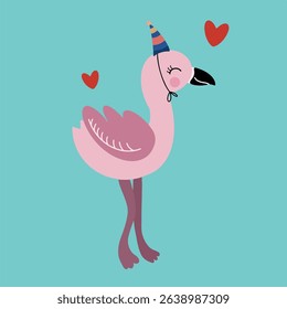 Cute and colorful vector iluustration of a flamingo wearing a party hat with heart elements perfect for kids, celebration and fun design 