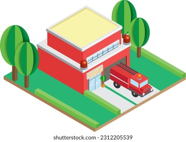 A cute colorful vector isometric style of a red fire station with a fire truck parked in front showing a red rescue siren symbol for use in maps, infographics and media.