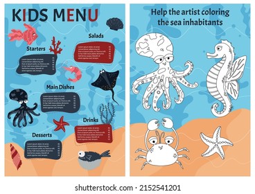 Cute colorful vector kids menu template with sea animals and logical children's game. Cartoon style.