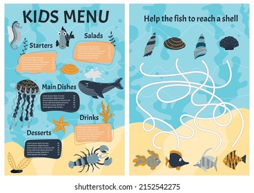 Cute colorful vector kids menu template with sea animals and logical children's game. Cartoon style.