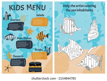 Cute colorful vector kids menu template with sea animals and logical children's game. Cartoon style.