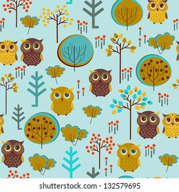 Cute colorful vector with owl and trees. Seamless pattern