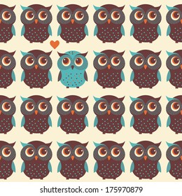 Cute colorful vector with owl and trees. Seamless pattern