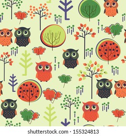 Cute colorful vector with owls and trees. Seamless pattern
