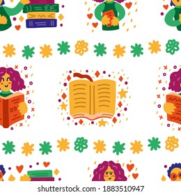 Cute colorful vector pattern with books, readers, flowers and stars. For book lovers and readers. Pattern template for wallpapers, wrapping paper and textile