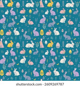Cute and colorful vector pattern, texture with Easter bunnies, eggs, hearts, flowers, butterflies and greenery. Easter, summer and spring freshness.Vector